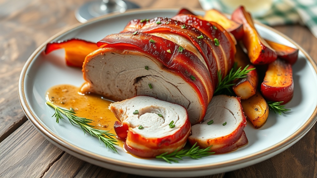 Savory Bacon-Wrapped Pork Tenderloin Recipe A sliced bacon-wrapped pork tenderloin on a plate, garnished with herbs, served with roasted vegetables.